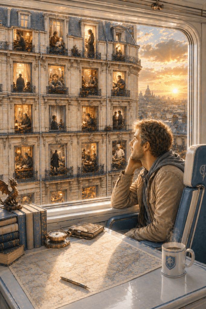 Un homme dans un train contemple les fenêtres des immeubles qui défilent. Et à la lumière d'un soleil levant, il réalise qu'une histoire nait de sa perception de l'humanité à cet instant-là.