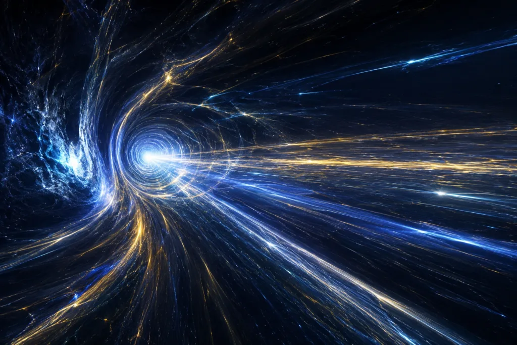 Filaments d'énergie lumineuse traversant un espace sombre, évoquant un trou de ver et des sillons de voyage interstellaire