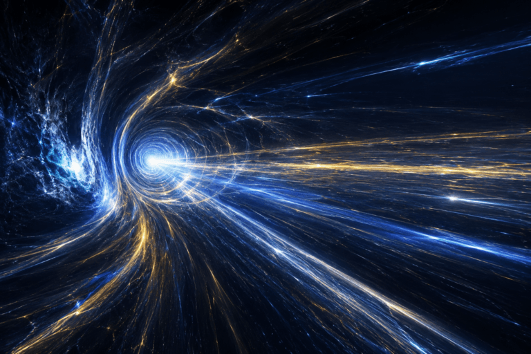 Filaments d'énergie lumineuse traversant un espace sombre, évoquant un trou de ver et des sillons de voyage interstellaire