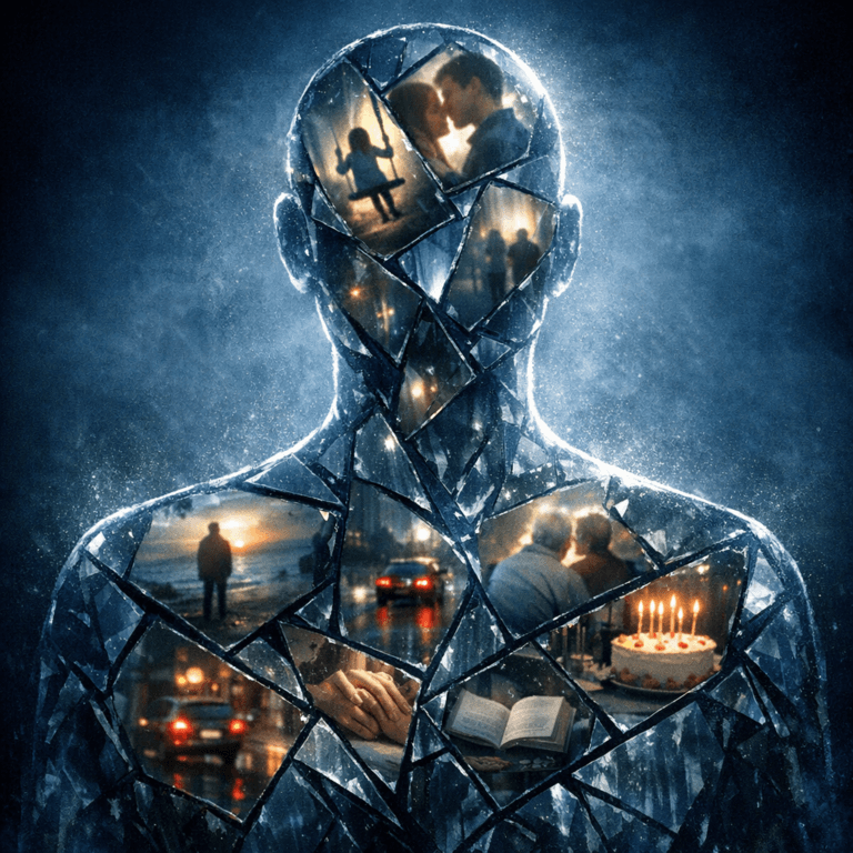 une silhouette humaine translucide dont le contenu intérieur ressemble à des fragments de verre brisé ou de miroir. chaque fragment reflète une scène différente, floue. Fond sombre, tons bleu nuit et argent. Pas de texte dans l'image. Style : digital art semi-réaliste, ambiance contemplative