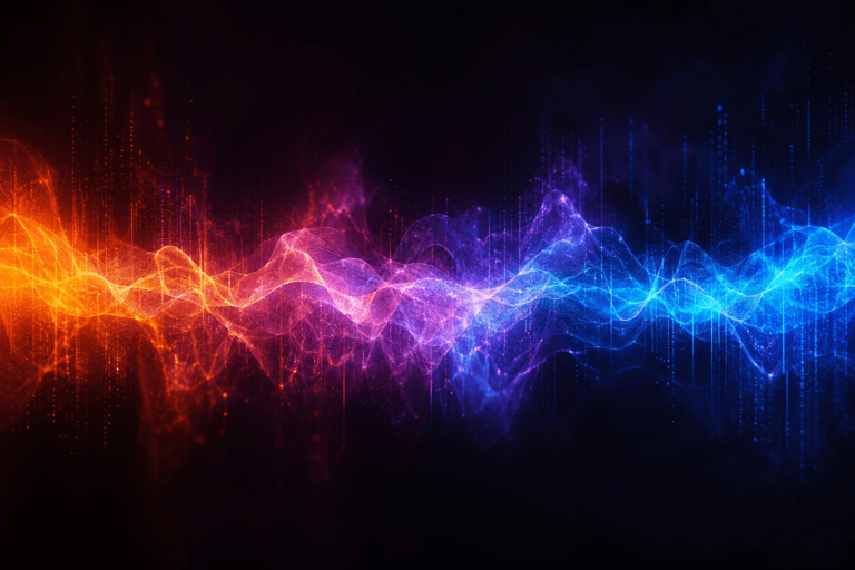 Visualisation du spectre des ondes électromagnétiques, fréquence émotionnelle, violet foncé, orange, bleu électrique, art abstrait des données, fond sombre, style cinématographique, sans texte ni personnages, hyperréalisme